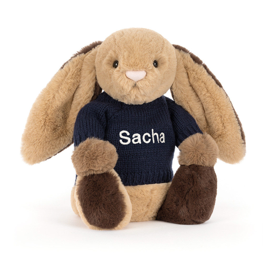 Bashful Patchwork Brown Bunny with Personalized Navy Jumper