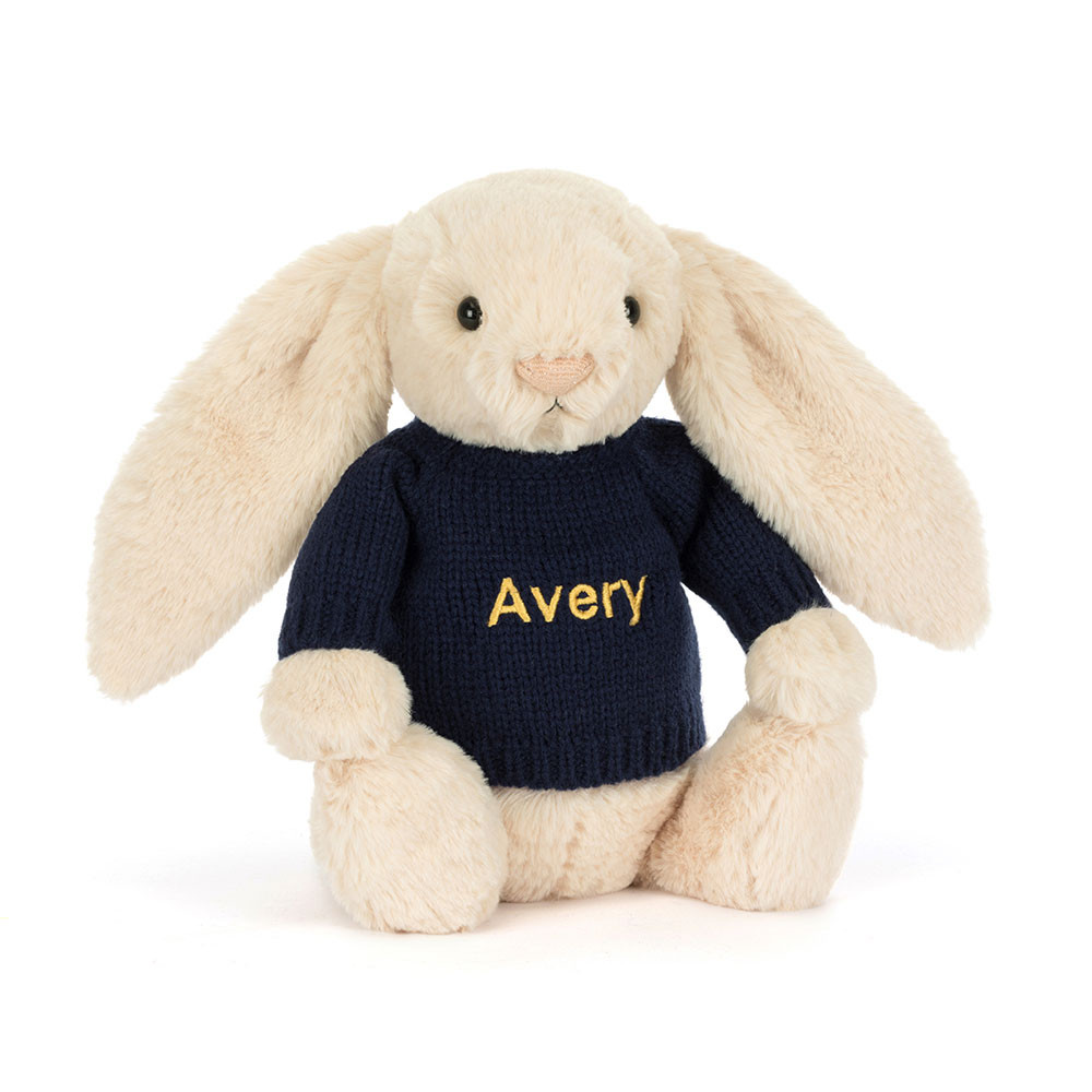 Bashful Luxe Bunny Willow with Personalized Navy Jumper